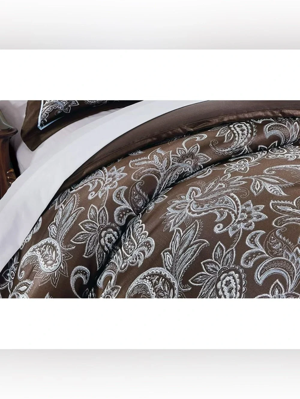 Brown Floral Jacquard Queen 3 piece Comforter Set with Light Blue Trim
